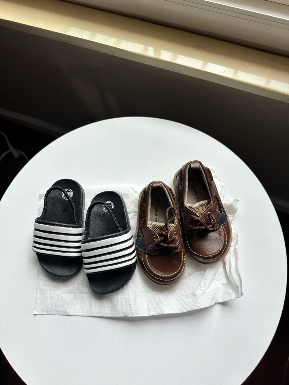 Koala Kids Brown Boat Shoes and Black/White Slide Sandals